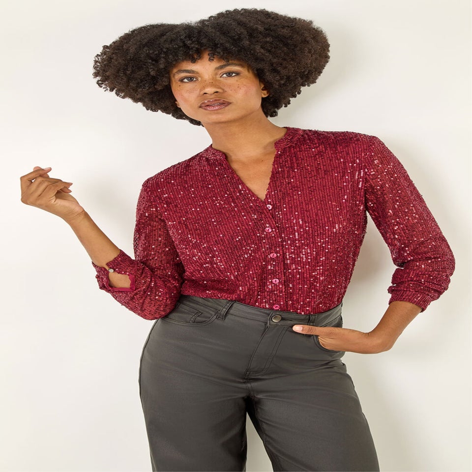 Roman Bordeaux Sequin V-Neck Stretch Blouse