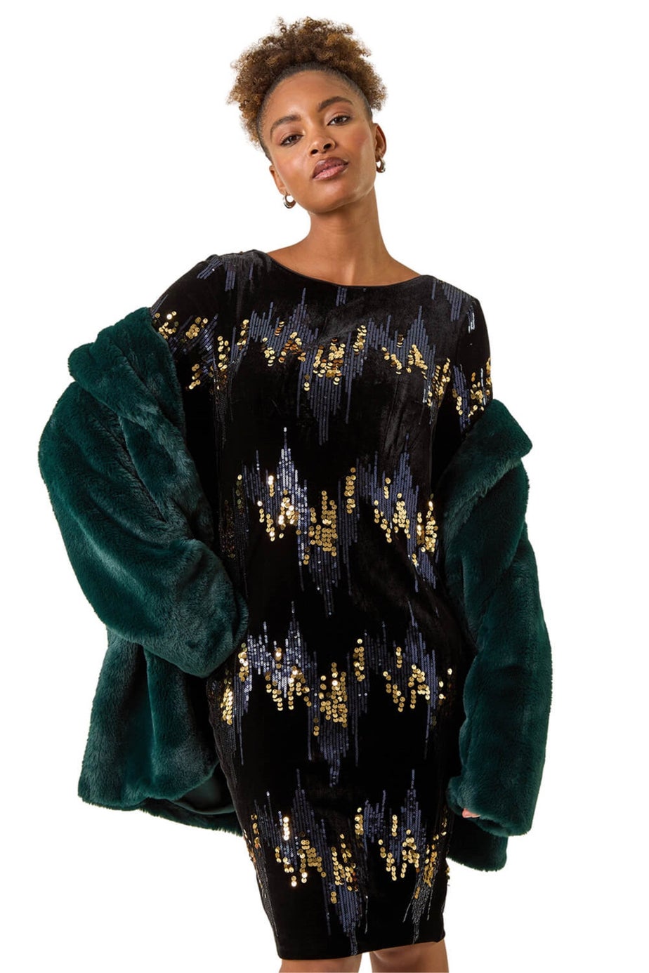 Roman Navy Sequin Velvet Shift Stretch Dress