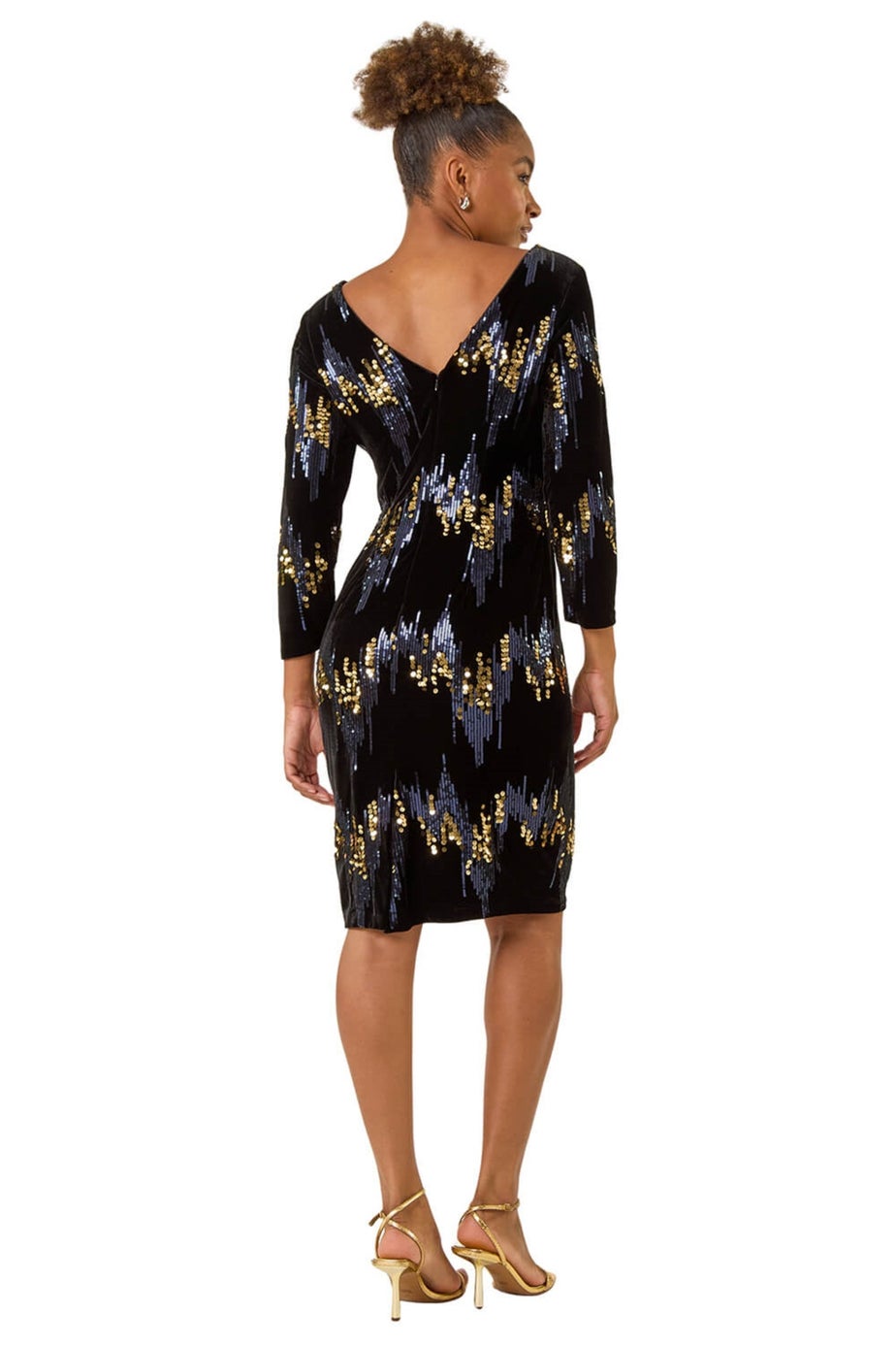 Roman Navy Sequin Velvet Shift Stretch Dress