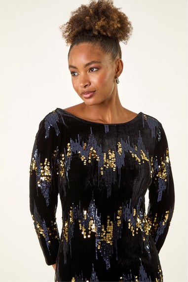 Roman Navy Sequin Velvet Shift Stretch Dress