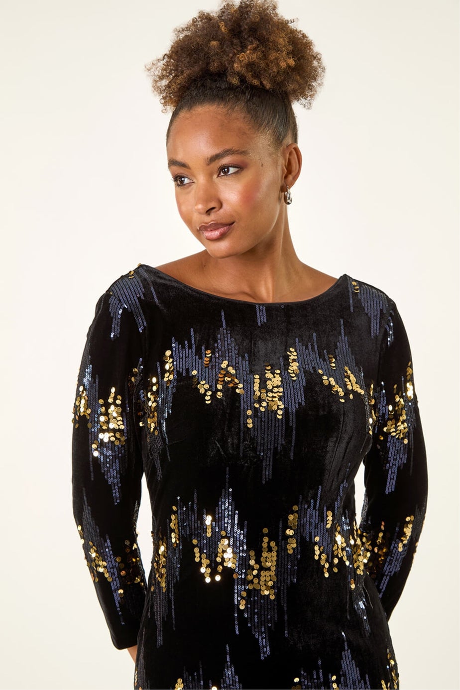 Roman Navy Sequin Velvet Shift Stretch Dress