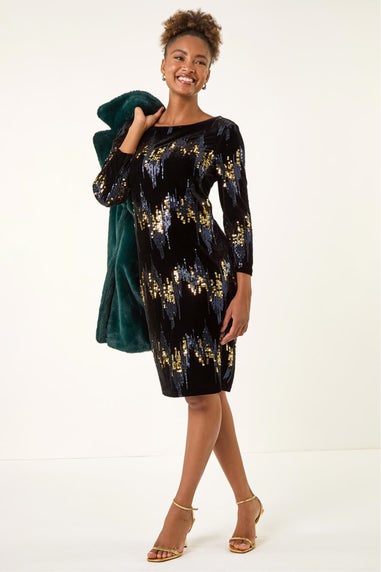 Roman Navy Sequin Velvet Shift Stretch Dress