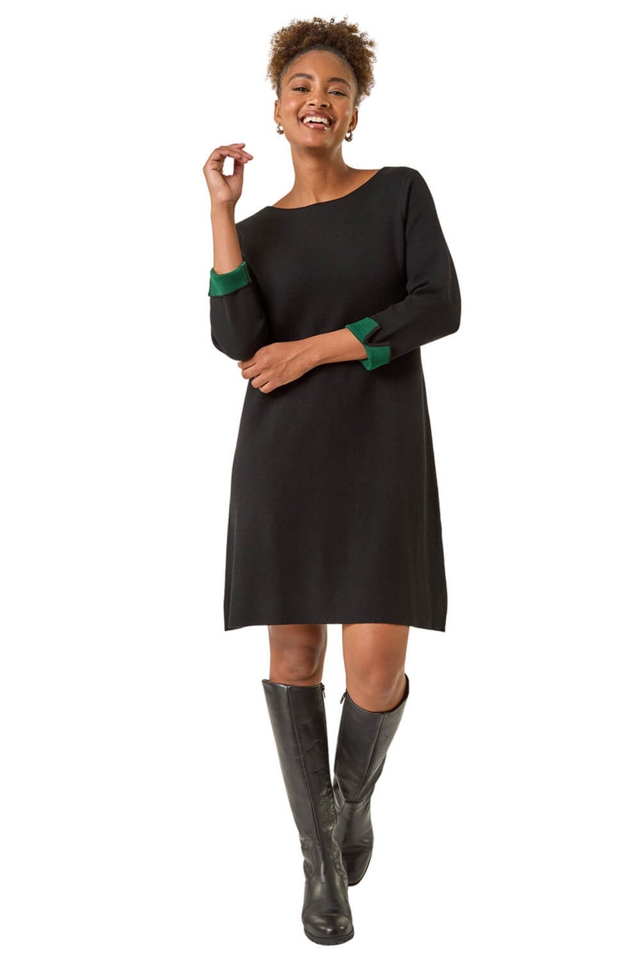 Roman Forest Contrast Sleeve Knitted Shift Dress