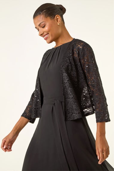 Roman Black Glitter Sequin Lace Top