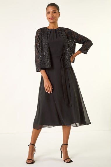 Roman Black Glitter Sequin Lace Top