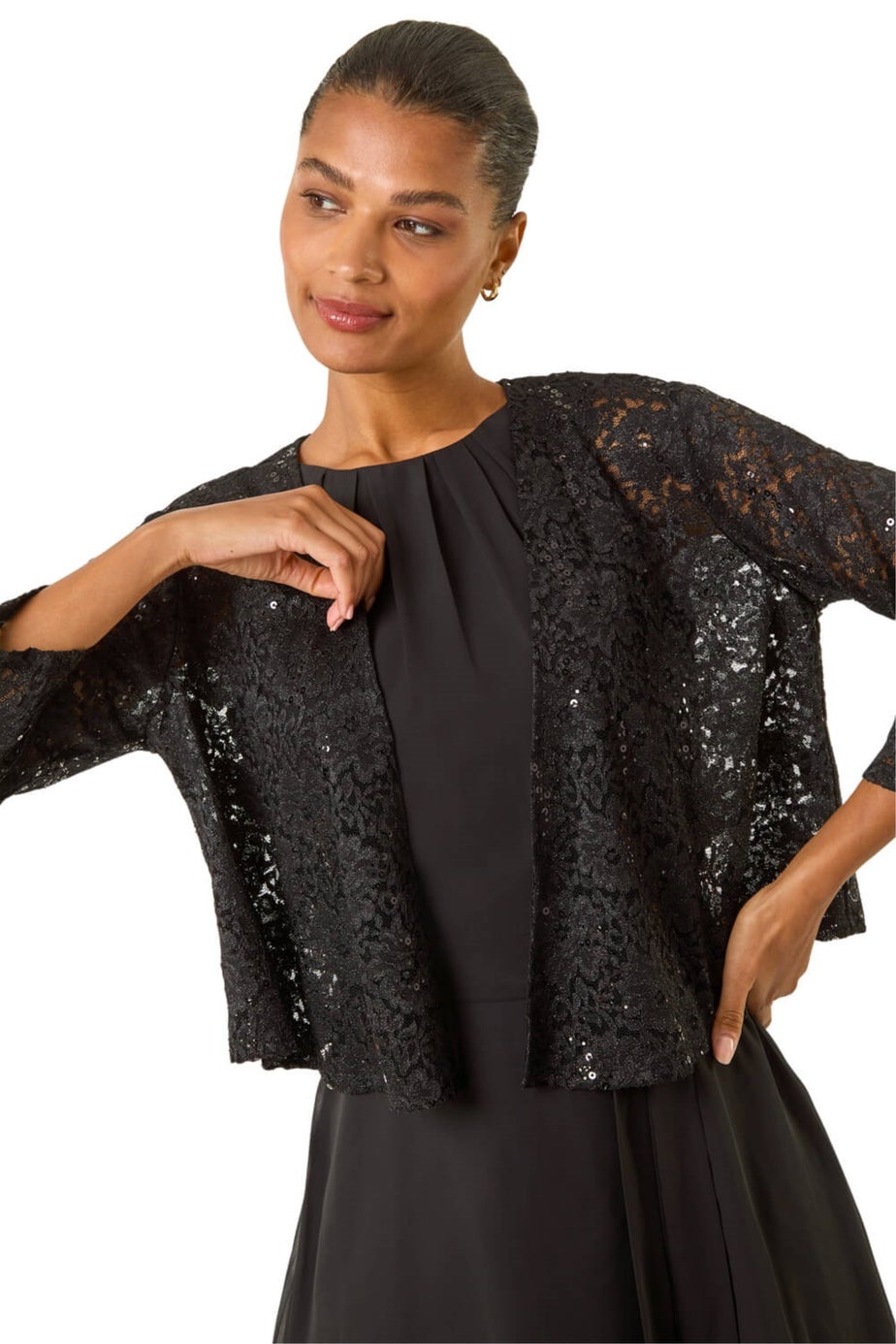 Roman Black Glitter Sequin Lace Top