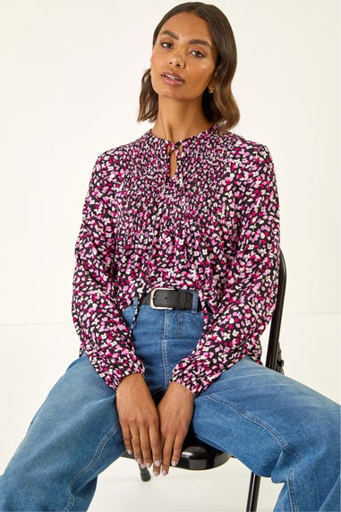 Roman Pink Printed Shirred Tie Neck Top