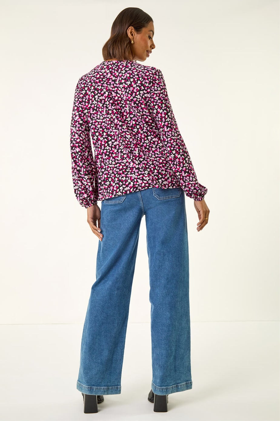 Roman Pink Printed Shirred Tie Neck Top