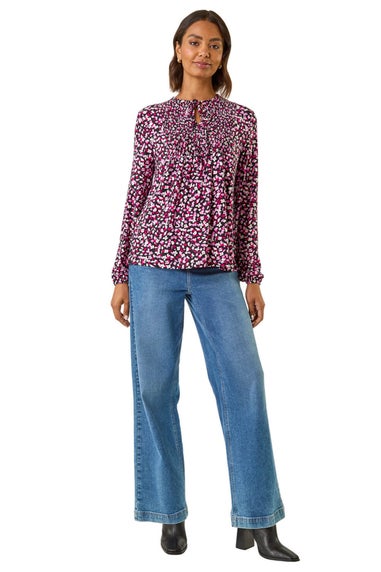 Roman Pink Printed Shirred Tie Neck Top