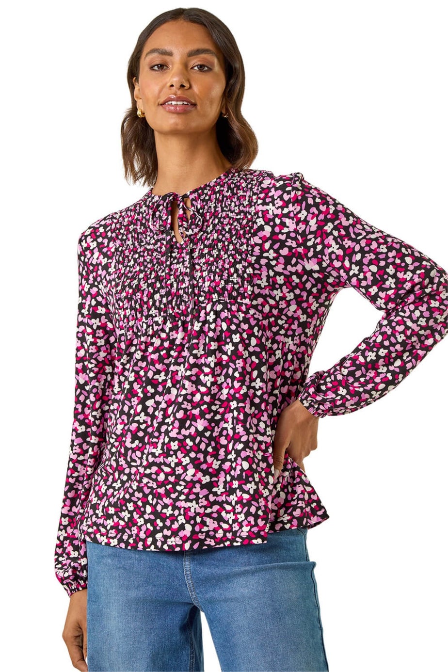 Roman Pink Printed Shirred Tie Neck Top