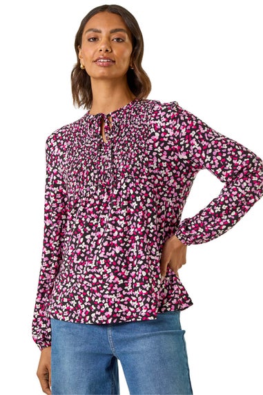 Roman Pink Printed Shirred Tie Neck Top