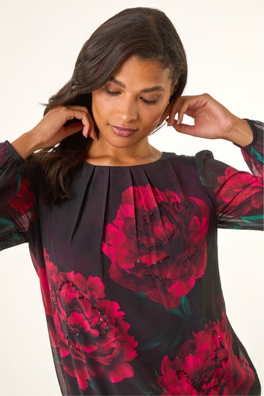 Roman Red Floral Print Sequin Top