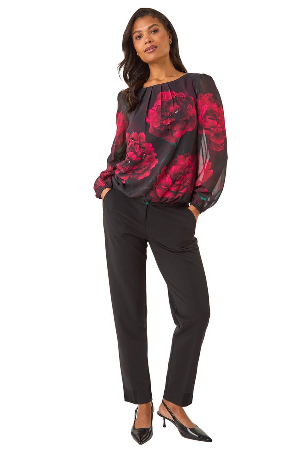 Roman Red Floral Print Sequin Top
