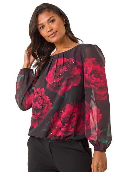 Roman Red Floral Print Sequin Top