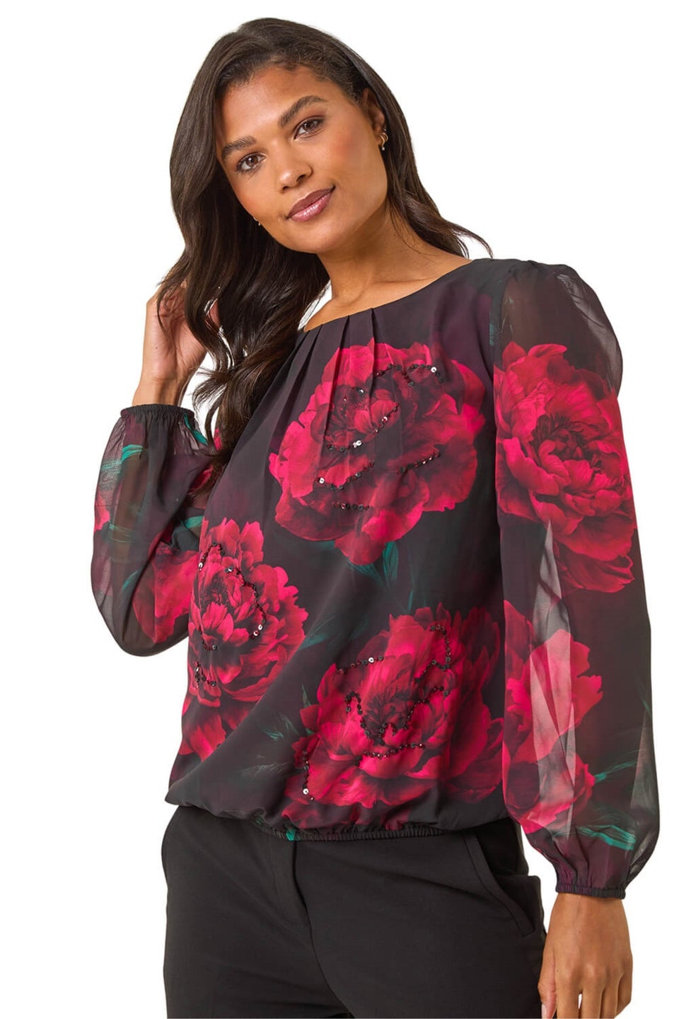 Roman Red Floral Print Sequin Top