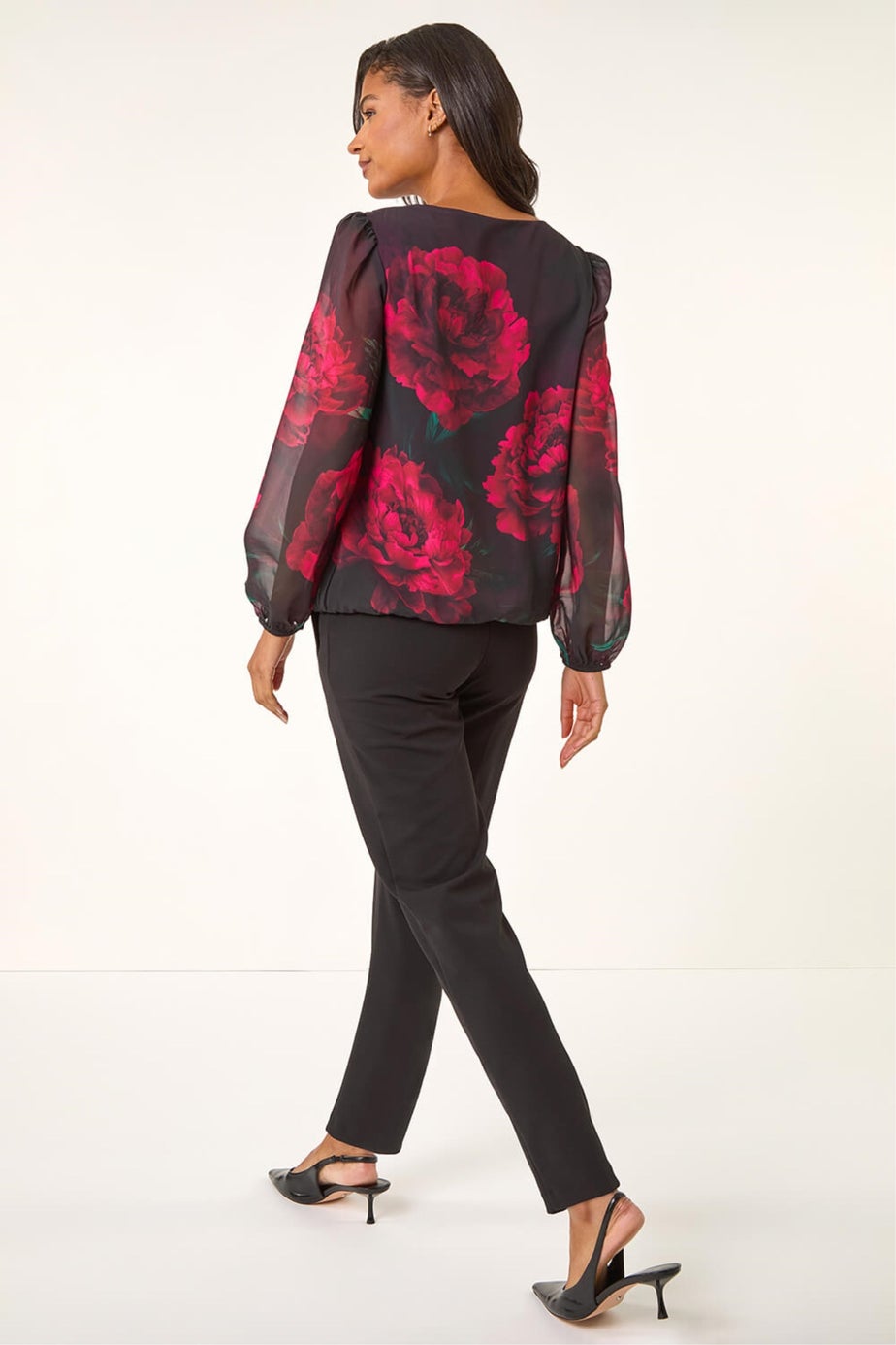 Roman Red Floral Print Sequin Top