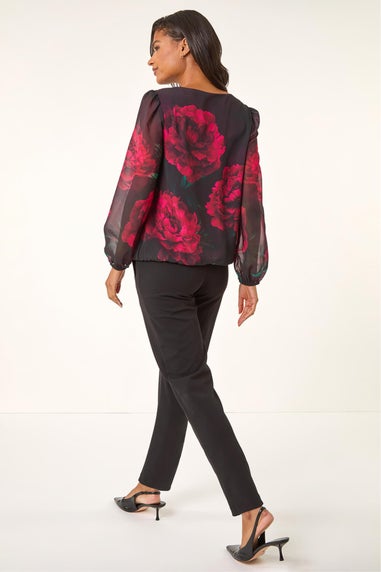 Roman Red Floral Print Sequin Top