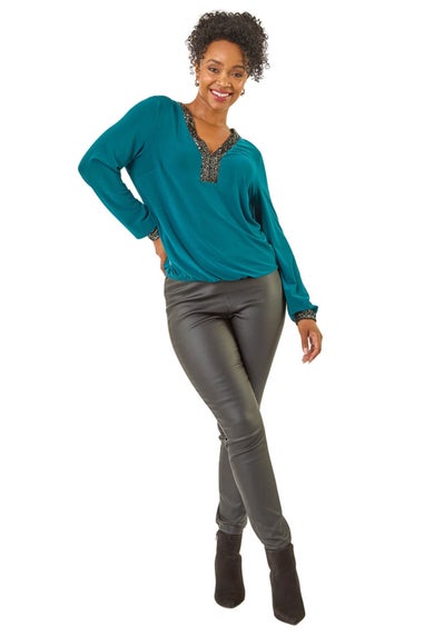Roman Teal Petite Sequin Trim Blouson Top