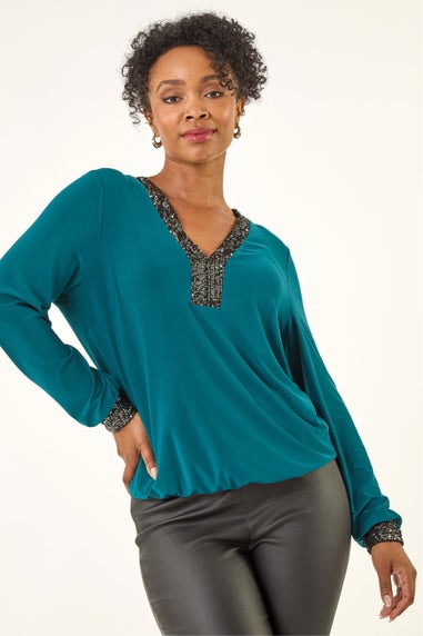 Roman Teal Petite Sequin Trim Blouson Top