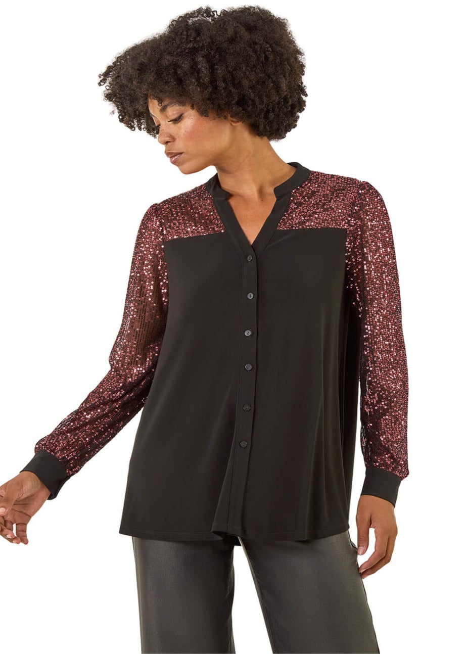 Roman Rose Embellished Sequin Stretch Blouse