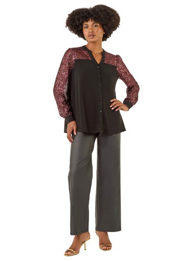 Roman Rose Embellished Sequin Stretch Blouse