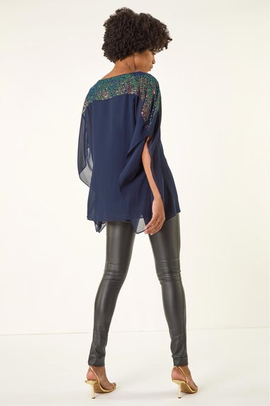 Roman Navy Sequin Yoke Contrast Chiffon Top