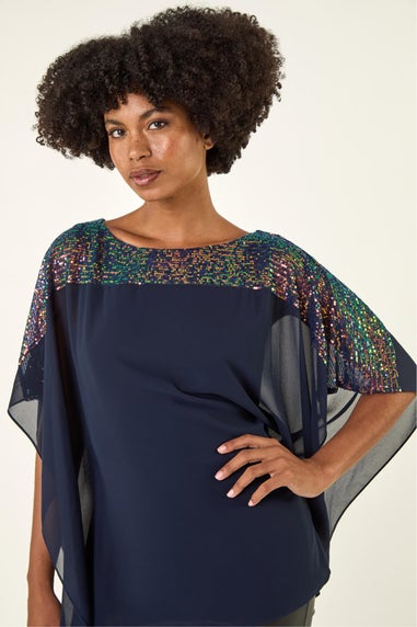 Roman Navy Sequin Yoke Contrast Chiffon Top