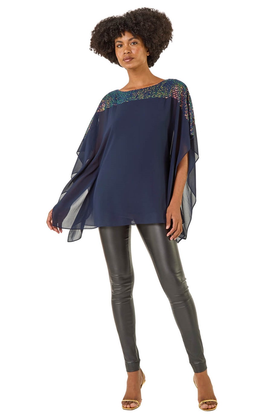Roman Navy Sequin Yoke Contrast Chiffon Top