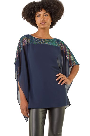 Roman Navy Sequin Yoke Contrast Chiffon Top