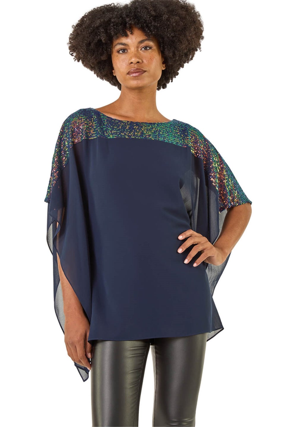 Roman Navy Sequin Yoke Contrast Chiffon Top