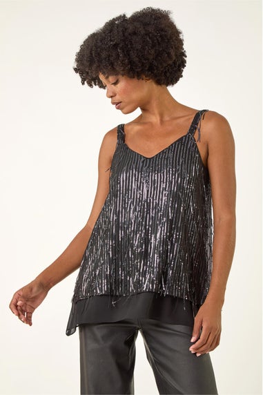 Roman Dark Grey Tassel Sequin Chiffon Top