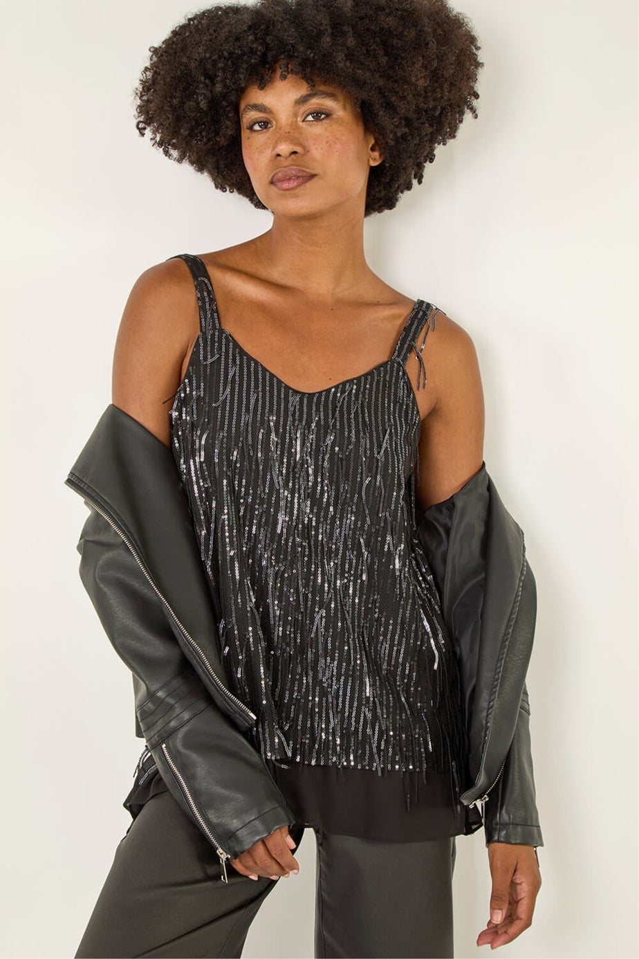 Roman Dark Grey Tassel Sequin Chiffon Top