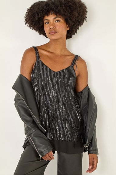 Roman Dark Grey Tassel Sequin Chiffon Top