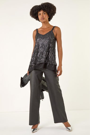 Roman Dark Grey Tassel Sequin Chiffon Top