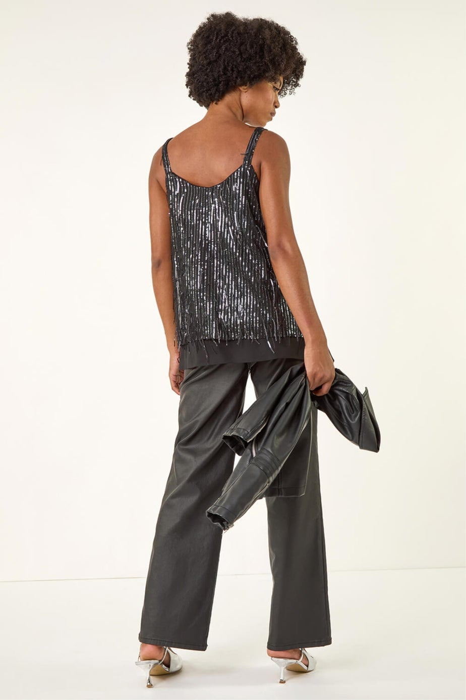 Roman Dark Grey Tassel Sequin Chiffon Top