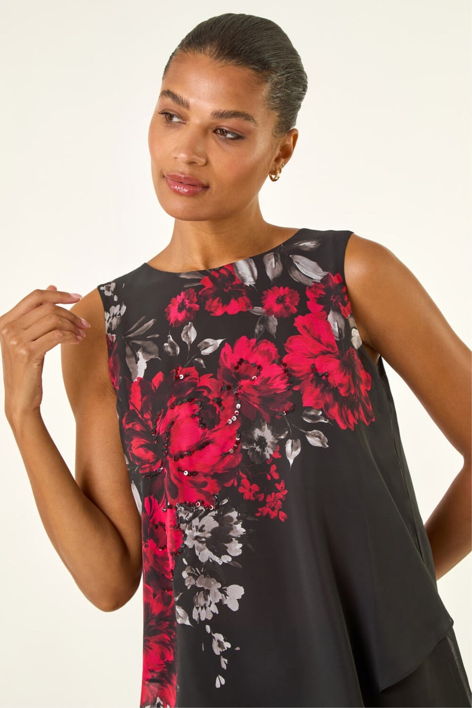 Roman Red Floral Wrap Embellished Top