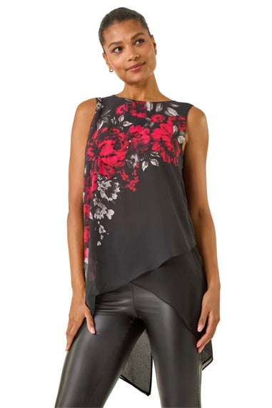 Roman Red Floral Wrap Embellished Top