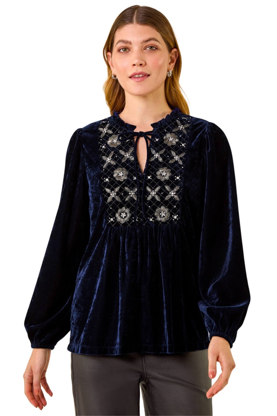 Roman Navy Velvet Embroidered Tie Top