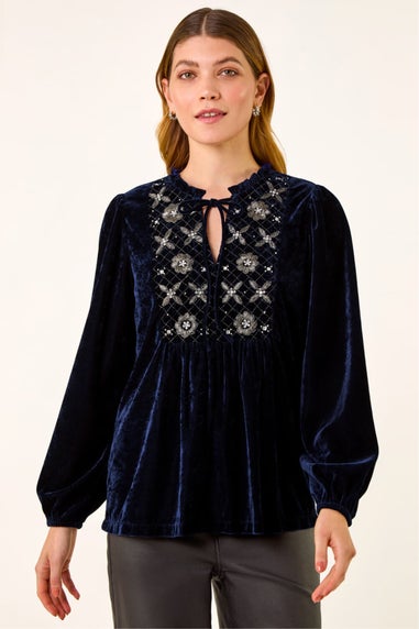 Roman Navy Velvet Embroidered Tie Top
