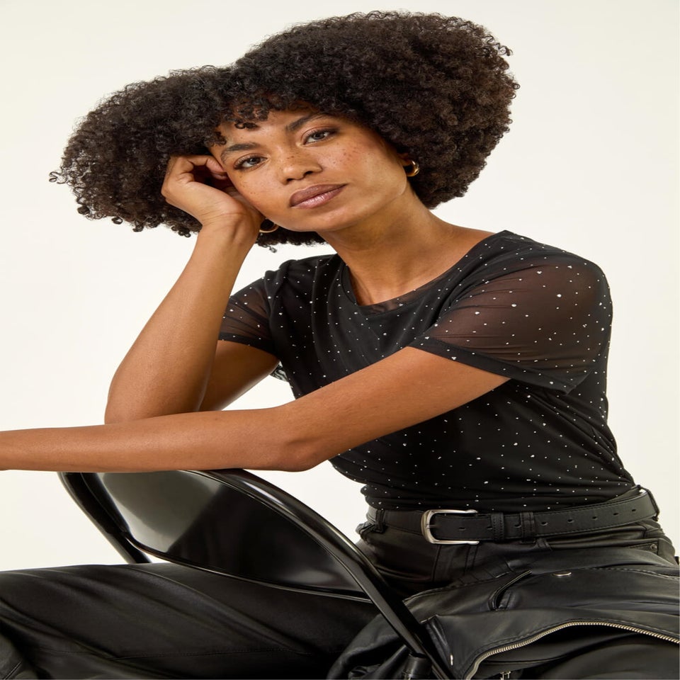 Roman Black Shimmer Hotfix Stretch Top