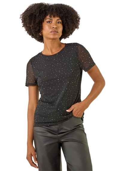 Roman Black Shimmer Hotfix Stretch Top