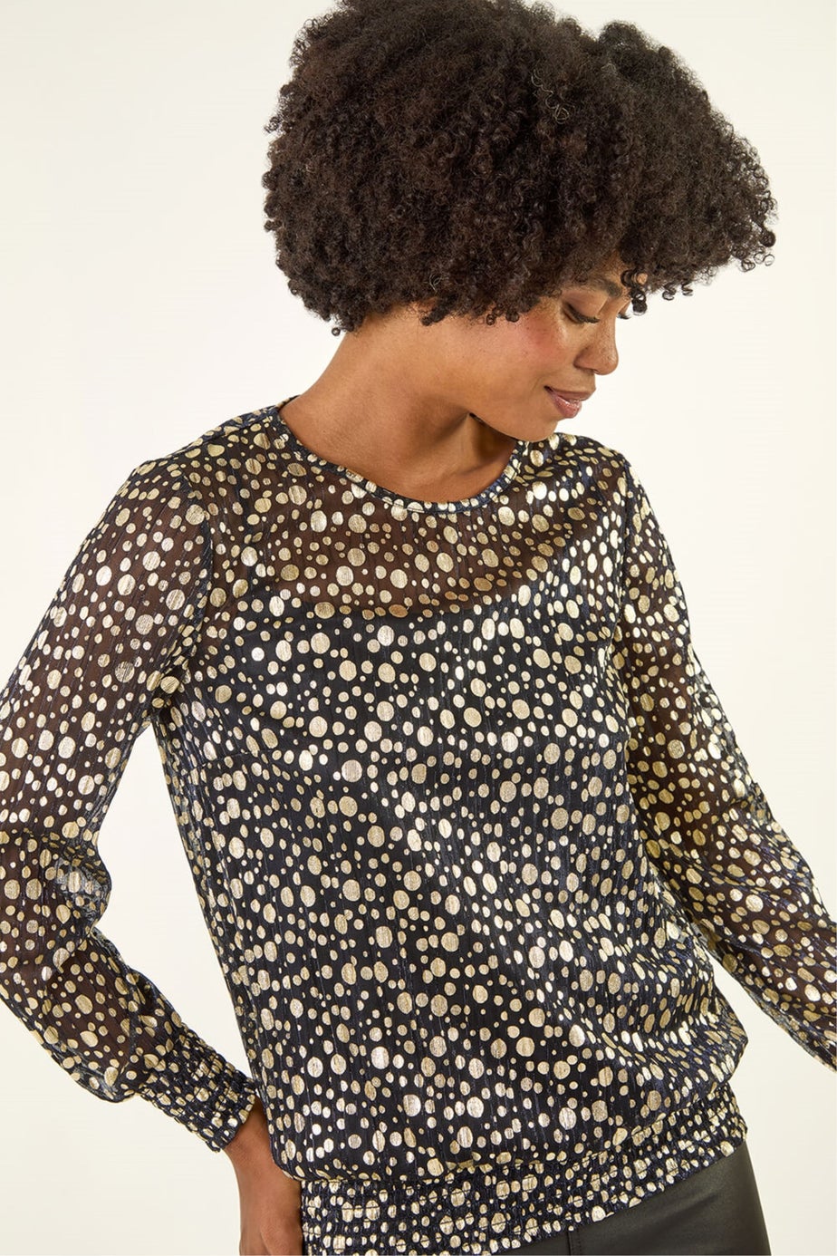 Roman Gold Spot Print Plisse Shirred Top