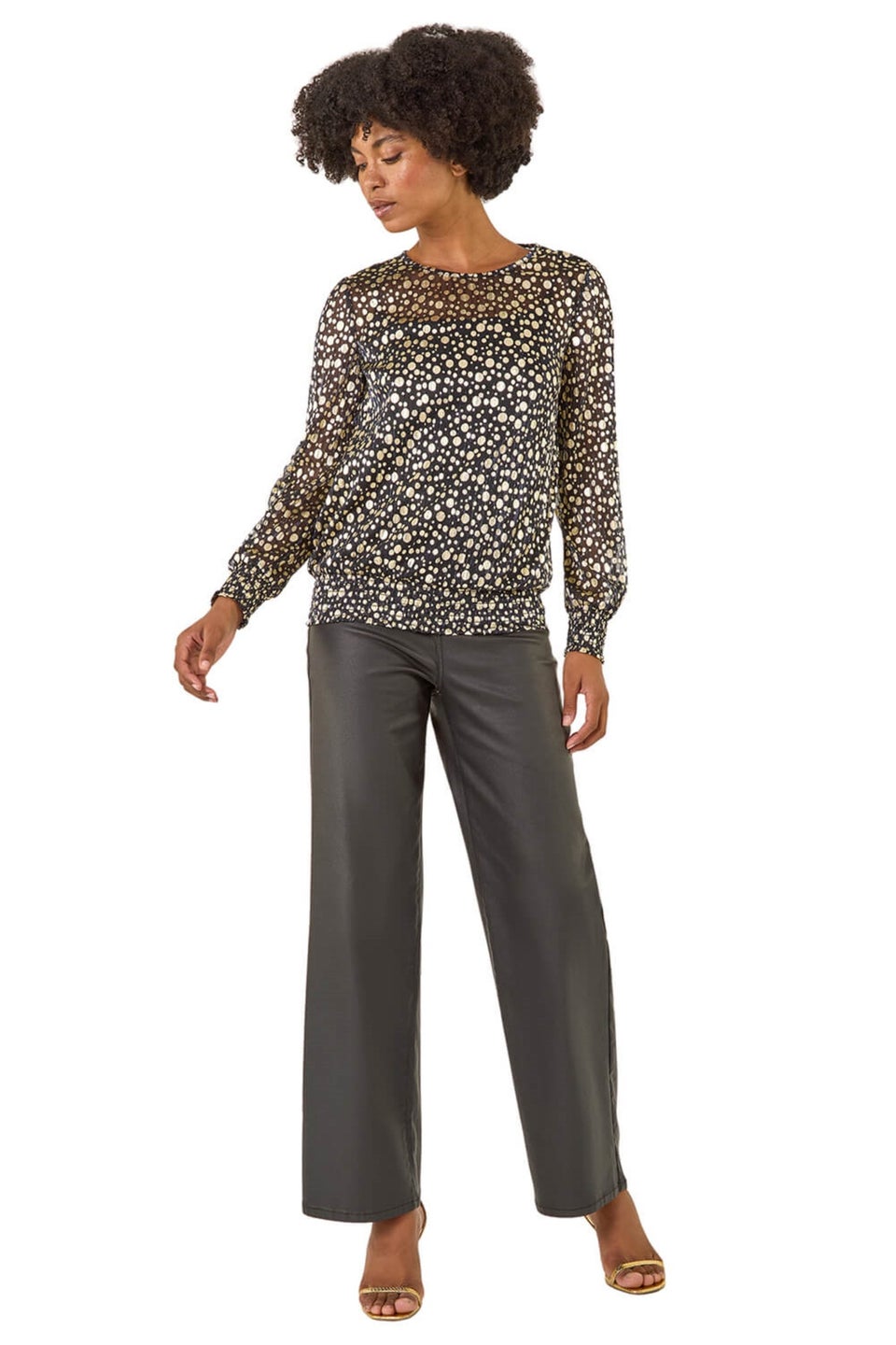 Roman Gold Spot Print Plisse Shirred Top