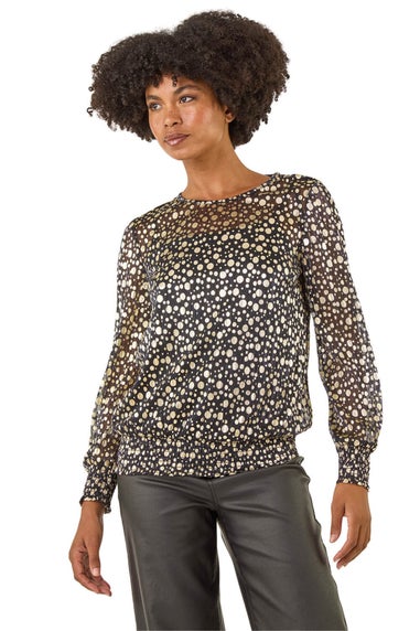 Roman Gold Spot Print Plisse Shirred Top
