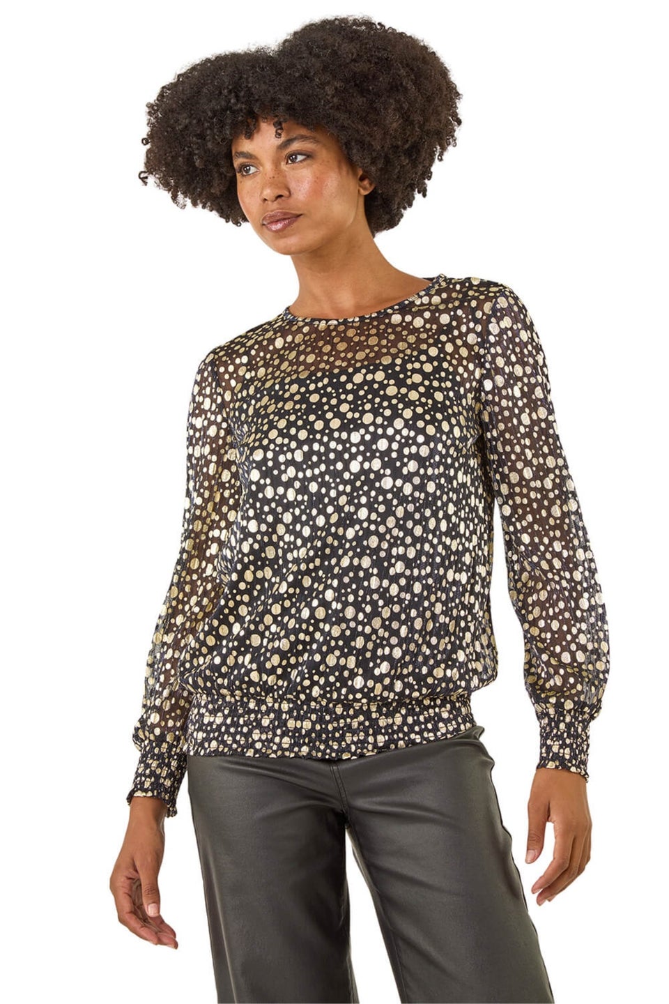 Roman Gold Spot Print Plisse Shirred Top