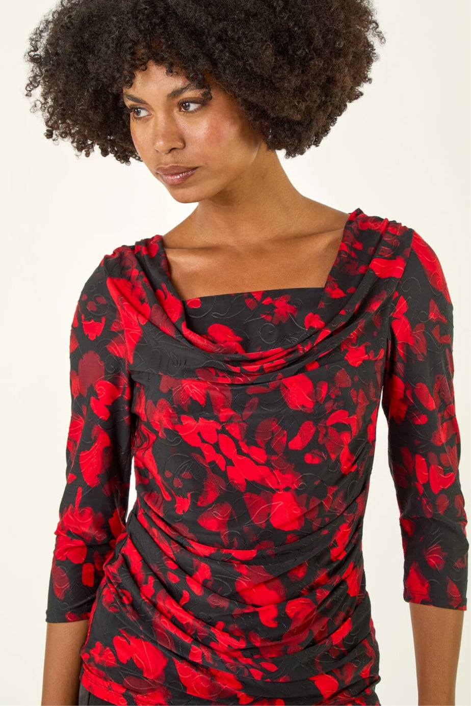 Roman Red Printed Cowl Neck Stretch Top