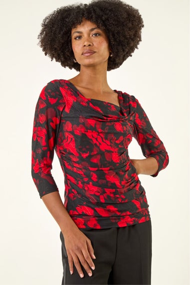 Roman Red Printed Cowl Neck Stretch Top