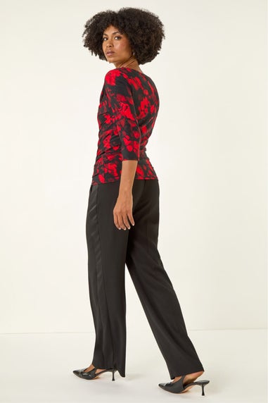 Roman Red Printed Cowl Neck Stretch Top