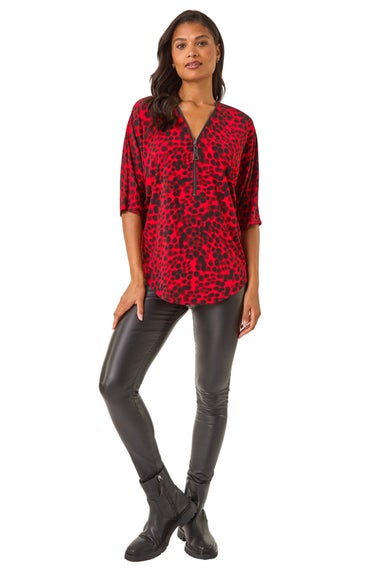 Roman Red Animal Print Zip Front Stretch Top