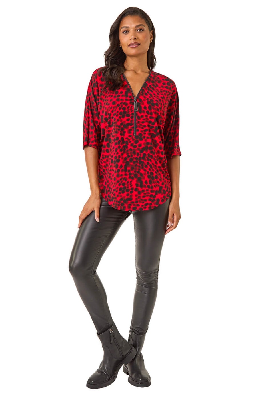 Roman Red Animal Print Zip Front Stretch Top